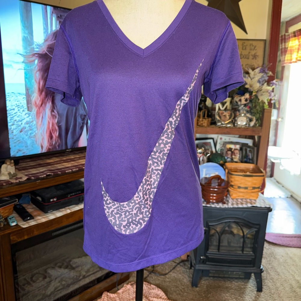 Nike Purple V‑Neck Short Sleeve Tee with Pink Leopard Swoosh